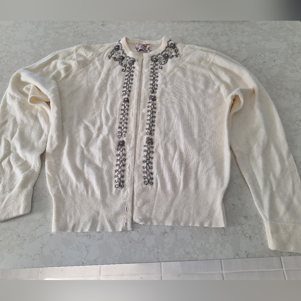 Vintage Embellished Beaded Cream Cardigan Size 40